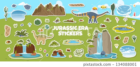 Prehistoric dinosaurs stickers pack of dinos, lush greenery, volcanic rocks, waterfalls, mountains, ponds, trees, ferns and dinosaur eggs. Cartoon vector stickers with Vulcanodon for school and game 134088001
