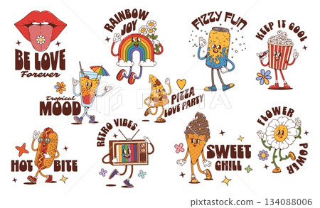 Y2k groovy stickers of soda can, hot dog, pizza, funny popcorn, ice cream, happy rainbow, cocktail, daisy flower, lips and tv characters. Retro cartoon hippie personage patches with vintage 70s vibes 134088006