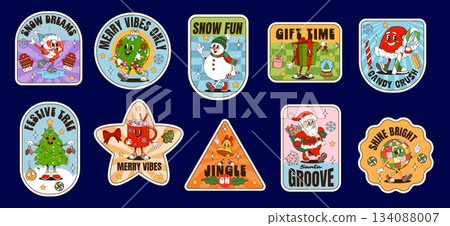 Christmas groovy label stickers Xmas retro patches for winter holiday, cartoon vector. Christmas Y2K groovy stickers with funny Santa and gifts bag, Xmas tree and funky snowman with greeting quotes Christmas groovy label stickers Xmas retro patches for winter holiday, cartoon vector. Christmas Y2K groovy stickers with funny Santa and gifts bag, Xmas tree and funky snowman with greeting quotes 134088007