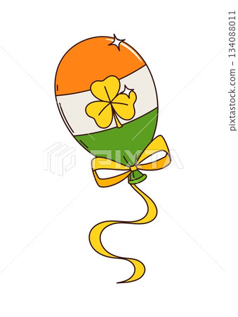 Cartoon St Patrick day groovy balloon with national green, white and orange stripe, ribbon and gold shamrock. Isolated vector Irish balloon, symbol of luck, celebration and festival in Ireland country Cartoon St Patrick day groovy balloon with national green, white and orange stripe, ribbon and gold shamrock. Isolated vector Irish balloon, symbol of luck, celebration and festival in Ireland country 134088011