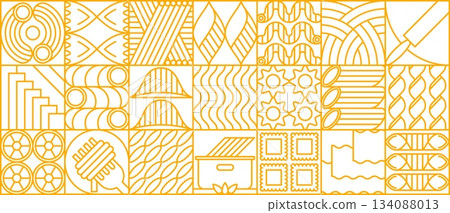 Noodle pasta modern geometric pattern with line vector ornament showing Italian food shapes, pasta forms, noodles and cooking elements arranged in yellow linear grid. Vintage retro linear background 134088013