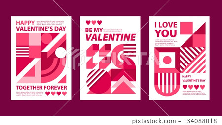 Valentine day banners with geometric shapes and hearts for love holiday, vector greeting cards. Happy Valentine day posters or covers with pink geometric heart shape pattern and love quotes Valentine day banners with geometric shapes and hearts for love holiday, vector greeting cards. Happy Valentine day posters or covers with pink geometric heart shape pattern and love quotes 134088018
