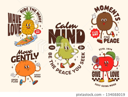 Cheerful fruit groovy characters stickers and t shirt prints. Cartoon vector funky y2k pineapple, pear, apple, orange and kiwi personages with retro sneakers, joyful faces and motivational quotes 134088019