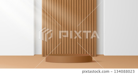 3d realistic brown podium stage stand with wooden wall and arch. Vector fashion presentation mockup, packaging display and showroom exhibition layout with natural wood platform and low round scene 3d realistic brown podium stage stand with wooden wall and arch. Vector fashion presentation mockup, packaging display and showroom exhibition layout with natural wood platform and low round scene 134088023