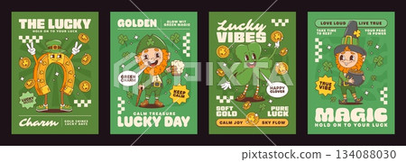 St Patrick Day groovy characters green posters, irish holiday hippie vector personages. Cartoon cute leprechaun, St Patrick Day clover and lucky horseshoe characters retro groovy posters set St Patrick Day groovy characters green posters, irish holiday hippie vector personages. Cartoon cute leprechaun, St Patrick Day clover and lucky horseshoe characters retro groovy posters set 134088030