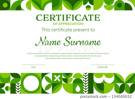 Ecology business certificate with geometric pattern. Vector modern diploma of appreciation template with green leaf patterns. Document layout for eco friendly or nature themed recognition events Ecology business certificate with geometric pattern. Vector modern diploma of appreciation template with green leaf patterns. Document layout for eco friendly or nature themed recognition events 134088032