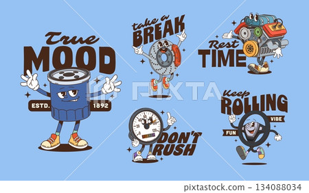 Retro groovy car spare parts characters stickers and vehicle detail personages t shirt prints. Automotive oil filter, brake disc, engine, speedometer and steering wheel with sneakers and fun slogans Retro groovy car spare parts characters stickers and vehicle detail personages t shirt prints. Automotive oil filter, brake disc, engine, speedometer and steering wheel with sneakers and fun slogans 134088034