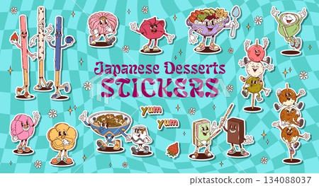 Cartoon retro groovy japanese desserts stickers pack of funny hippie asian sweet food. Cute groovy wagashi confectionery vector characters of rice cake mochi and daifuku, candy yokan, dumplings dango Cartoon retro groovy japanese desserts stickers pack of funny hippie asian sweet food. Cute groovy wagashi confectionery vector characters of rice cake mochi and daifuku, candy yokan, dumplings dango 134088037
