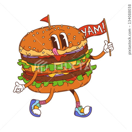 Cartoon groovy hippie burger character walking with a cheerful retro y2k vibe, holding a flag reading yam. Vector cute and funky comic fast food y2k mascot, beefburger personage with expressive face Cartoon groovy hippie burger character walking with a cheerful retro y2k vibe, holding a flag reading yam. Vector cute and funky comic fast food y2k mascot, beefburger personage with expressive face 134088038