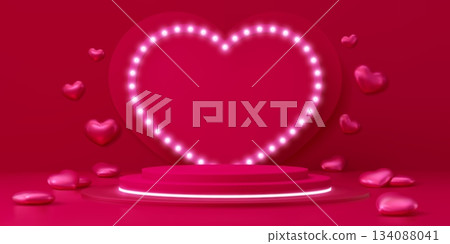 Pink Valentines day podium stage with hearts and garland. Round vector pedestal in a minimalist interior with romantic heart decorations. Scene with realistic shadows for cosmetic product presentation Pink Valentines day podium stage with hearts and garland. Round vector pedestal in a minimalist interior with romantic heart decorations. Scene with realistic shadows for cosmetic product presentation 134088041