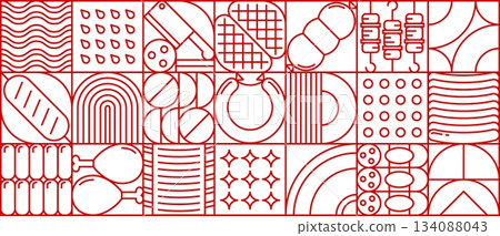Abstract geometric meat pattern. Vector red line art tile background, culinary backdrop featuring assorted food elements like meat, sausages, bread and cooking utensils in a modern, linear grid layout Abstract geometric meat pattern. Vector red line art tile background, culinary backdrop featuring assorted food elements like meat, sausages, bread and cooking utensils in a modern, linear grid layout 134088043