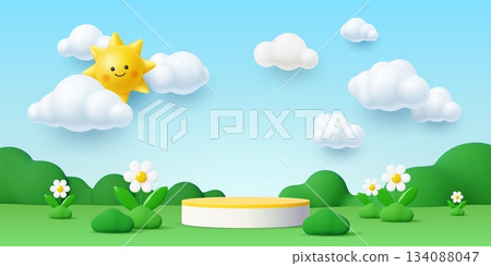 3d kids vector podium stage with green meadow, daisy flowers, cheerful yellow sun peeking from white fluffy clouds in a blue sky, and soft green hills. Kids event, children product podium display 3d kids vector podium stage with green meadow, daisy flowers, cheerful yellow sun peeking from white fluffy clouds in a blue sky, and soft green hills. Kids event, children product podium display 134088047
