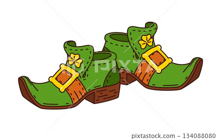 Cartoon St Patrick day groovy leprechaun boots, holiday retro footwear. Isolated vector pair of green pointed nosed Irish shoes with golden buckles and trefoils, embodying magical spirit of Ireland 134088080
