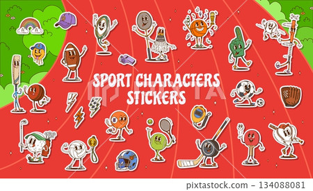 Groovy sport characters stickers pack of basketball, football, baseball bat, hockey puck and tennis racket, whistle, stopwatch, golden medal, foam finger, soccer ball sporty cartoon vector accessories Groovy sport characters stickers pack of basketball, football, baseball bat, hockey puck and tennis racket, whistle, stopwatch, golden medal, foam finger, soccer ball sporty cartoon vector accessories 134088081