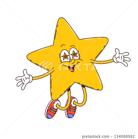 Cartoon groovy star character smiles brightly, jumps and spreads arms. Vector happy hippie twinkle star personage in retro sneakers and gloves full of fun and positivity, y2k vintage charm, funky vibe 134088082