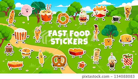 Fast food characters stickers of popcorn, cotton candy, noodles, churro, waffle, pretzel, hamburger, french fries, sushi, salad and pancakes. Vector cartoon mascots and personages for cafe menu Fast food characters stickers of popcorn, cotton candy, noodles, churro, waffle, pretzel, hamburger, french fries, sushi, salad and pancakes. Vector cartoon mascots and personages for cafe menu 134088083