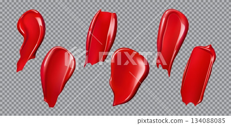 Realistic red lipstick or cosmetic swatch smears of lip color makeup, vector set. Lipstick swatch with glossy or matte cream texture, red paint smear or blob stroke smudge for lipstick or nail polish Realistic red lipstick or cosmetic swatch smears of lip color makeup, vector set. Lipstick swatch with glossy or matte cream texture, red paint smear or blob stroke smudge for lipstick or nail polish 134088085