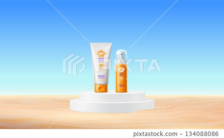 3d white vector podium stage with sunscreen cosmetics products on beach sand. White stand with uv protection sunscreen skincare protection cream tube and lotion bottle presented on circular pedestal 134088086