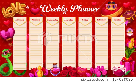 Weekly planner schedule with Valentine day flowers, love hearts and cute snake characters. Vector timetable, organizer frame template with cute reptiles, romantic items and gifts Weekly planner schedule with Valentine day flowers, love hearts and cute snake characters. Vector timetable, organizer frame template with cute reptiles, romantic items and gifts 134088089