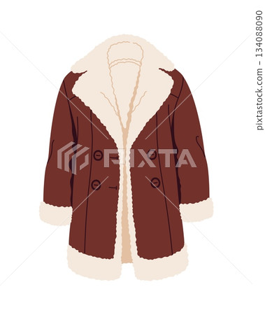 Winter wardrobe shearling coat, outdoor outfit accessory. Warm apparel outfit isolated accessory, winter wardrobe shearling coat cartoon vector sticker. Autumn or spring garment element or item Winter wardrobe shearling coat, outdoor outfit accessory. Warm apparel outfit isolated accessory, winter wardrobe shearling coat cartoon vector sticker. Autumn or spring garment element or item 134088090