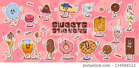 Stickers pack of retro groovy sweets and desserts characters. Psychedelic pastry food and candies vector personages of chocolate cake, ice cream and cookie. Cute groovy fruit pie, donut and waffle Stickers pack of retro groovy sweets and desserts characters. Psychedelic pastry food and candies vector personages of chocolate cake, ice cream and cookie. Cute groovy fruit pie, donut and waffle 134088122