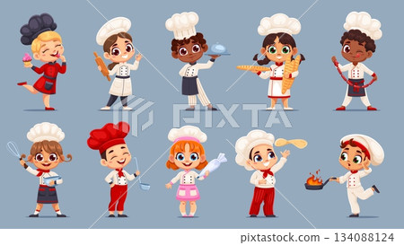 Kid cook chefs, cooking children in toque. Adorable cartoon vector kids dressed in colorful uniforms, each holding cooking tools, pastries or ingredients, conveys cooking, fun and culinary exploration Kid cook chefs, cooking children in toque. Adorable cartoon vector kids dressed in colorful uniforms, each holding cooking tools, pastries or ingredients, conveys cooking, fun and culinary exploration 134088124