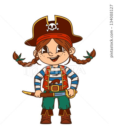 Cheerful girl kid pirate fighter cartoon character. Filibuster cheerful isolated character, child pirate skipper happy vector personage. Kid sailor bandit mascot with pigtails, tricorn hat and sword Cheerful girl kid pirate fighter cartoon character. Filibuster cheerful isolated character, child pirate skipper happy vector personage. Kid sailor bandit mascot with pigtails, tricorn hat and sword 134088127