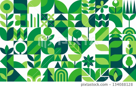 Ecology geometric pattern background. Vector environmental green abstract mosaic with natural shapes, patterns and elements of nature in shades of green symbolize sustainability and ecological harmony 134088128