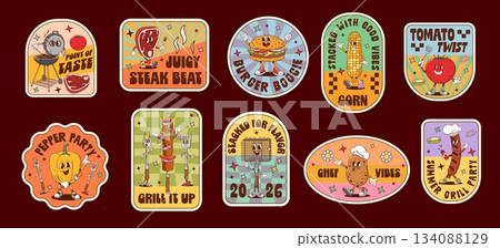 Funky barbeque groovy label stickers, BBq retro hippie patches with funky barbecue characters, cartoon vector. Y2K groovy stickers with barbecue trippy steak and funny sausage with good vibe quotes Funky barbeque groovy label stickers, BBq retro hippie patches with funky barbecue characters, cartoon vector. Y2K groovy stickers with barbecue trippy steak and funny sausage with good vibe quotes 134088129