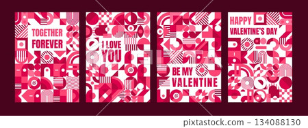 Happy Valentine day posters with geometric pattern of heart shapes, vector greeting cards. Valentine day love holiday quotes of Together Forever and Be my Valentine with red and pink geometric pattern Happy Valentine day posters with geometric pattern of heart shapes, vector greeting cards. Valentine day love holiday quotes of Together Forever and Be my Valentine with red and pink geometric pattern 134088130
