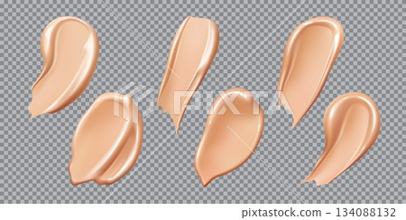 Realistic foundation cream and cosmetic swatch smears for makeup, vector strokes set. Beige foundation cream swatches of concealer liquid or face cosmetic and BB or CC cream texture in glossy smears Realistic foundation cream and cosmetic swatch smears for makeup, vector strokes set. Beige foundation cream swatches of concealer liquid or face cosmetic and BB or CC cream texture in glossy smears 134088132