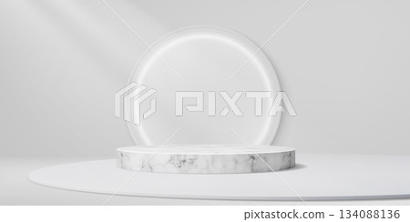 White marble podium stage with round platform and LED light for product display, vector studio showroom. Podium with white marble stage and light circle for exhibition showcase or display background White marble podium stage with round platform and LED light for product display, vector studio showroom. Podium with white marble stage and light circle for exhibition showcase or display background 134088136