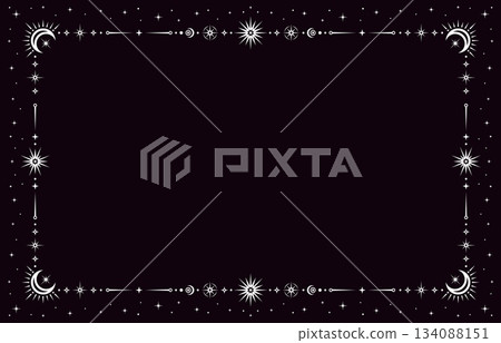 Esoteric silver celestial frame or border. Linear fantasy elegant vector border, mystic magic banner. Celestial Boho poster or esoteric frame with white stars, moon crescents and light sparks Esoteric silver celestial frame or border. Linear fantasy elegant vector border, mystic magic banner. Celestial Boho poster or esoteric frame with white stars, moon crescents and light sparks 134088151