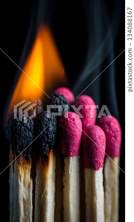 Burning Matches Macro Orange Flame, Smoke, Burnt and Unlit Matchsticks Burning Matches Macro Orange Flame, Smoke, Burnt and Unlit Matchsticks 134088167