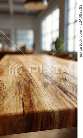 CloseUp of Woodgrain Table in Bright Interior with Windows and Natural Light 134088182