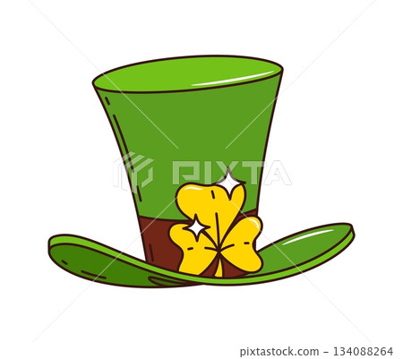 Cartoon St Patrick day groovy leprechaun green top hat Irish holiday accessory. Isolated vector retro whimsical cylinder cap in vibrant emerald hue, adorned with golden shamrock or clover plant buckle 134088264