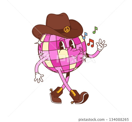 Cartoon groovy disco ball character wearing cowboy hat with peace sign emblem and boots. Retro vector personage walking and listening to music notes with hippie y2k vibe and funky vintage dancing mood 134088265
