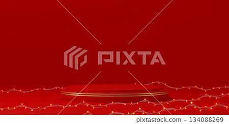 Valentines day red vector podium stage with smooth glossy surface stands and sparkling garland with glowing light bulbs. Pedestal podium for product presentation, festive holiday promotion Valentines day red vector podium stage with smooth glossy surface stands and sparkling garland with glowing light bulbs. Pedestal podium for product presentation, festive holiday promotion 134088269