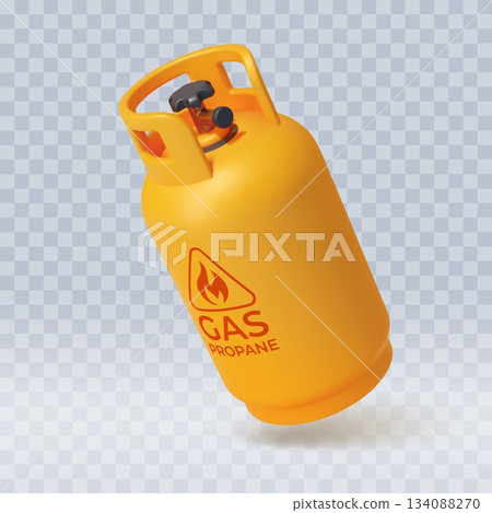3d gas cylinder for kitchen cooking and heating. Vector yellow LPG container for compressed fuel storage. Metal tank with valve for household or manufacturing use 3d gas cylinder for kitchen cooking and heating. Vector yellow LPG container for compressed fuel storage. Metal tank with valve for household or manufacturing use 134088270
