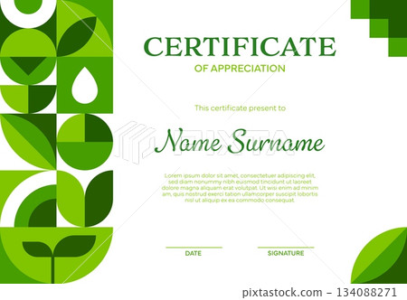 Ecology business certificate with geometric pattern for green environment, vector diploma. Certificate of appreciation for sustainable green technology or nature conservation and ecology protection 134088271