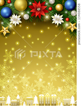 Christmas background, cityscape, ball decoration, gold, glitter, cute, illustration, vertical Christmas background, cityscape, ball decoration, gold, glitter, cute, illustration, vertical 134088558