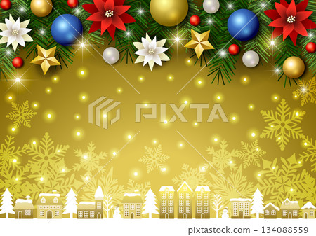 Christmas background, cityscape, ball decoration, gold, glitter, cute, illustration, horizontal Christmas background, cityscape, ball decoration, gold, glitter, cute, illustration, horizontal 134088559
