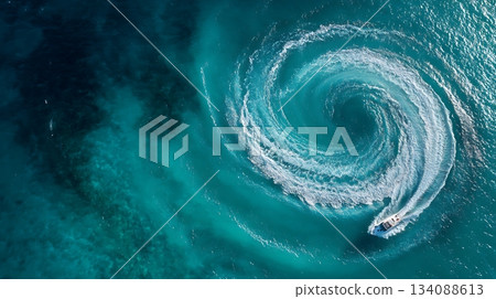 Aerial View Speedboat Creating Swirl in Turquoise Water, Ocean Activity Aerial View Speedboat Creating Swirl in Turquoise Water, Ocean Activity 134088613