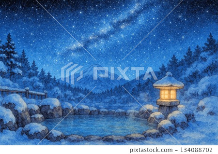 以星空為背景的冬季露天浴池插圖 134088702