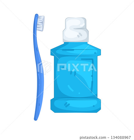 Illustration of mouthwash and toothbrush  134088967