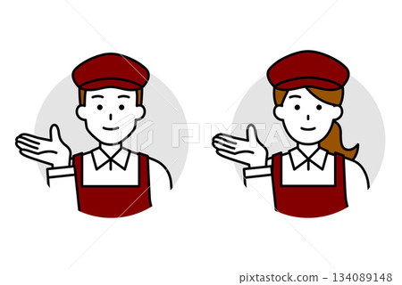 Icon set of male and female cafe staff providing guidance Icon set of male and female cafe staff providing guidance 134089148
