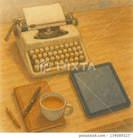 復古打字機與平板咖啡的創作桌面水彩插畫 134089327