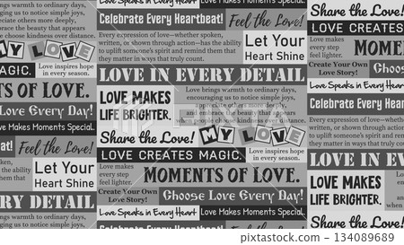 Grayscale Valentine themed newspaper background featuring love related text blocks and retro typography creating a classic editorial pattern perfect for holiday designs posters packaging branding Grayscale Valentine themed newspaper background featuring love related text blocks and retro typography creating a classic editorial pattern perfect for holiday designs posters packaging branding 134089689