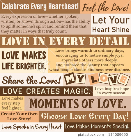 Valentine background. Vintage newspaper inspired love pattern background featuring romantic quotes, typography blocks, and retro textures for Valentine designs, wrapping, scrapbooking, posters, cards Valentine background. Vintage newspaper inspired love pattern background featuring romantic quotes, typography blocks, and retro textures for Valentine designs, wrapping, scrapbooking, posters, cards 134089690