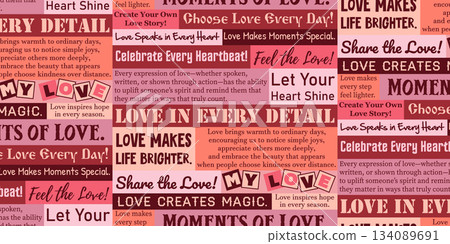 Valentine's Day. Newspaper seamless Valentine pattern with inspirational love quotes, handwritten lettering, pink, red color palette, decorative text blocks, heartfelt phrases. Cards, gifts, wrapping Valentine's Day. Newspaper seamless Valentine pattern with inspirational love quotes, handwritten lettering, pink, red color palette, decorative text blocks, heartfelt phrases. Cards, gifts, wrapping 134089691